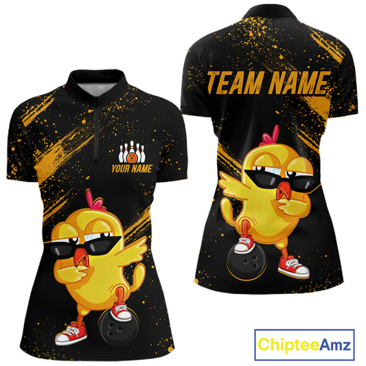 Funny Yellow Chicken Bowling Shirt Custom Polo & 1/4-Zip Bowling League Jersey for Women QZT856