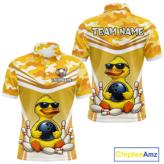 Front and back view custom yellow duck bowling polo shirt featuring a cool cartoon duck wearing sunglasses with bowling ball, bowling pins and yellow camouflage pattern, personalized with team name and player name