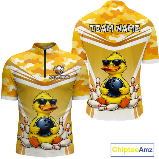 Front and back view custom yellow duck bowling quarter-zip shirt featuring a cool cartoon duck wearing sunglasses with bowling ball, bowling pins and yellow camouflage design, personalized with team name and player name