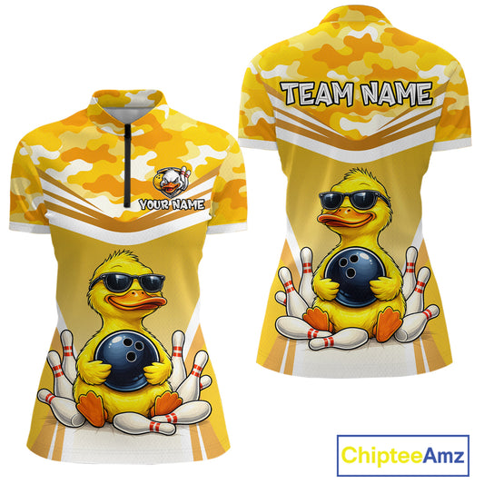Front and back view custom yellow duck bowling quarter-zip shirt featuring a cool cartoon duck wearing sunglasses with bowling ball, bowling pins and yellow camouflage design, personalized with team name and player name