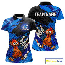 Load image into Gallery viewer, Front and back view custom funny chicken bowling team polo shirt for women featuring blue abstract bowling design with personalized your name and team name
