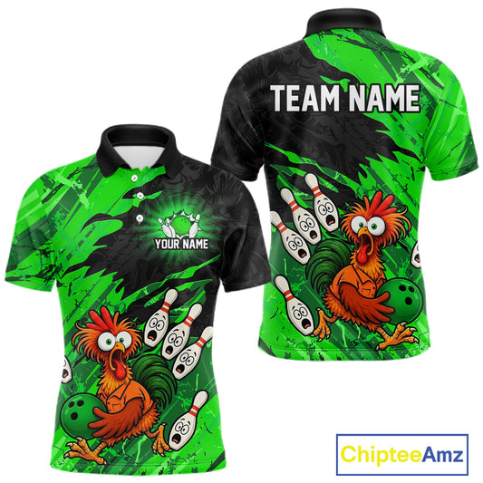 Front and back view custom funny chicken bowling team polo shirt featuring green abstract bowling design with personalized your name and team name