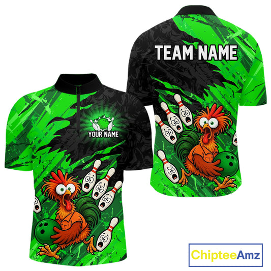 Front and back view custom funny chicken bowling team quarter-zip shirt featuring green abstract bowling design with personalized your name and team name