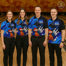 Load image into Gallery viewer, Group of men and women wearing matching custom chicken bowling team shirts with cartoon bowling design