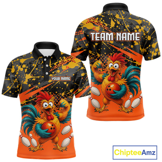 Front and back view custom orange rooster bowling polo shirt featuring a fierce cartoon rooster with bowling ball, bowling pins and black orange paint splatter pattern, personalized with team name and player name