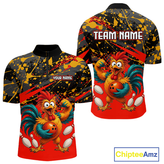 Front and back view custom black red rooster bowling quarter-zip shirt featuring a fierce cartoon rooster with bowling ball, bowling pins and red black paint splash design, personalized with team name and player name