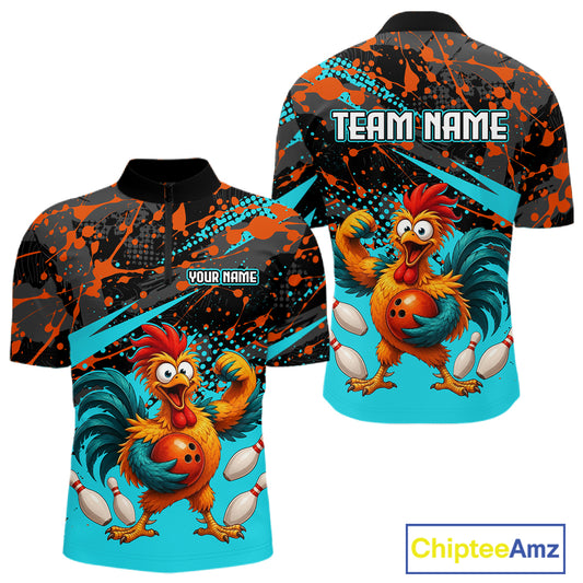 Front and back view custom black red rooster bowling quarter-zip shirt featuring a fierce cartoon rooster with bowling ball, bowling pins and turquoise orange paint splash design, personalized with team name and player name