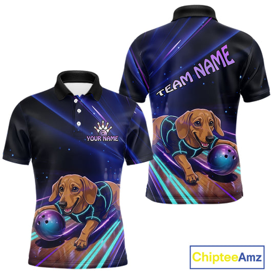 Neon Funny Dachshund Bowling Shirt Custom Bowling Team Jersey for Men Polo & Quarter-Zip Bowling Outfit QZT940