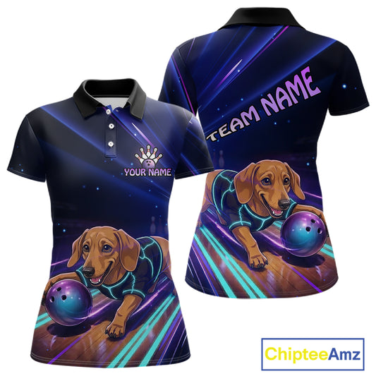 Neon Funny Dachshund Bowling Shirt Custom Bowling Team Jersey for Women Polo & Quarter-Zip Bowling Outfit QZT940