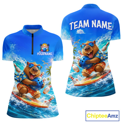 Blue sports jersey with a bear character on a surfboard, customizable text areas, and Chiptee Amz branding.