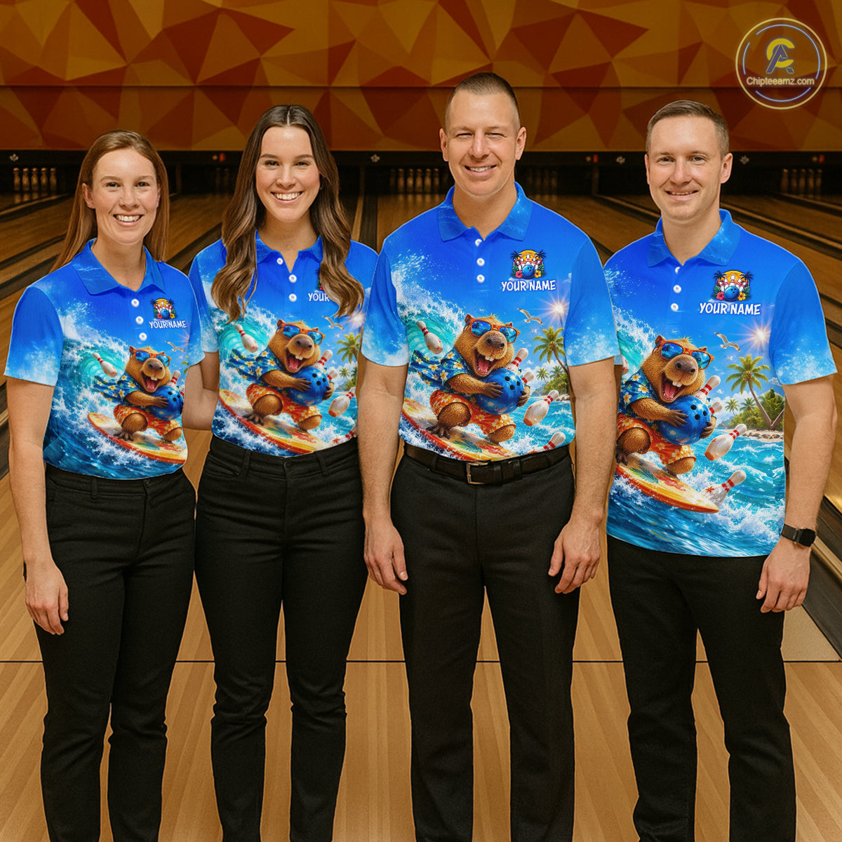 Four people wearing matching blue shirts with a bear graphic on a bowling alley.