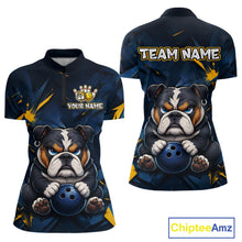 Load image into Gallery viewer, Front and back view custom blue bulldog bowling quarter-zip shirt featuring a fierce cartoon bulldog with bowling ball, gold lightning accents and navy blue abstract design, personalized with team name and player name