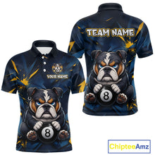 Load image into Gallery viewer, Blue and yellow short-sleeve polo shirt shown from front and back with a funny bulldog print holding an 8-ball, and customizable text areas including 'TEAM NAME' and 'YOUR NAME'.