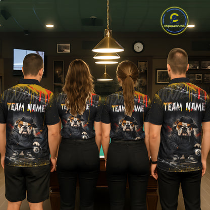 A back view of a team of four pool players standing in a line in front of a  pool table in a billiards room. All four are wearing the back view of the custom hip hop bulldog billiards polo shirt, which features a large white 'TEAM NAME' text placeholder, and a bulldog and 8-ball motif. 