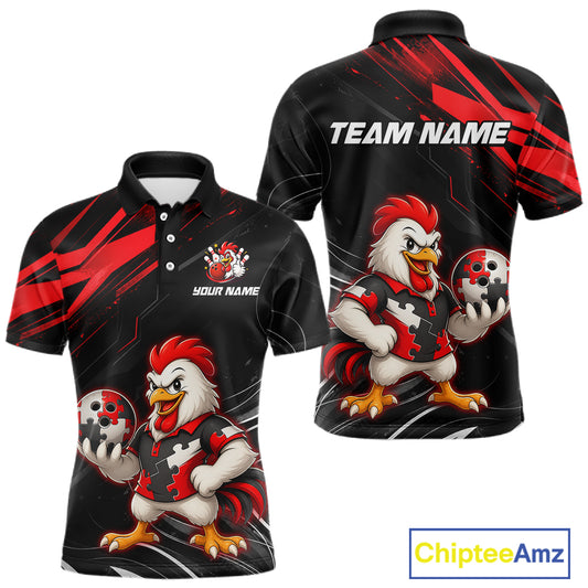 Custom Red Funny Autism Chicken Bowling Shirt for Men Bowling League Jersey Polo & Quarter-Zip QZT1018