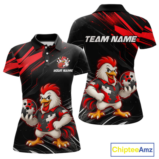 Custom Red Funny Autism Chicken Bowling Shirt for Women Bowling League Jersey QZT1018