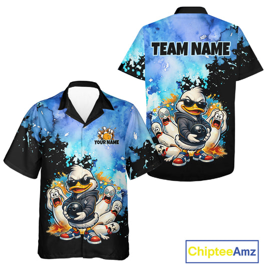 Colorful bowling shirt with cartoon duck design on a white background, featuring 'Chiptee Amz' branding.