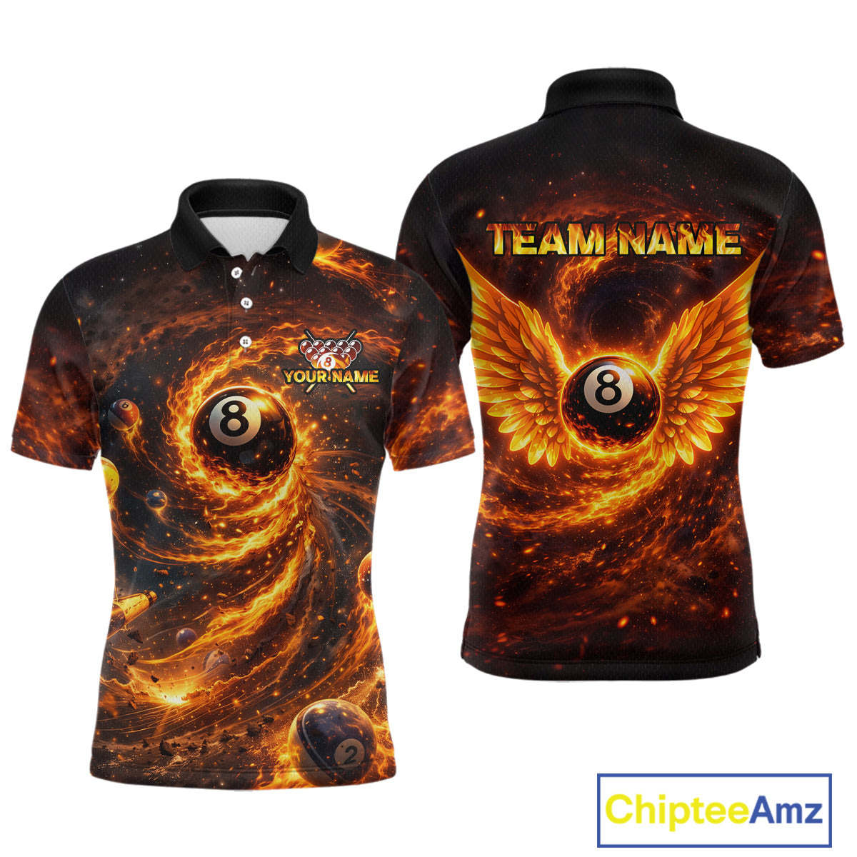 Orange Flame Billiard Shirt for Men Custom Wings 8 Ball Billiard Jersey Polo & 1/4 Zip Billiard Outfit BHT9