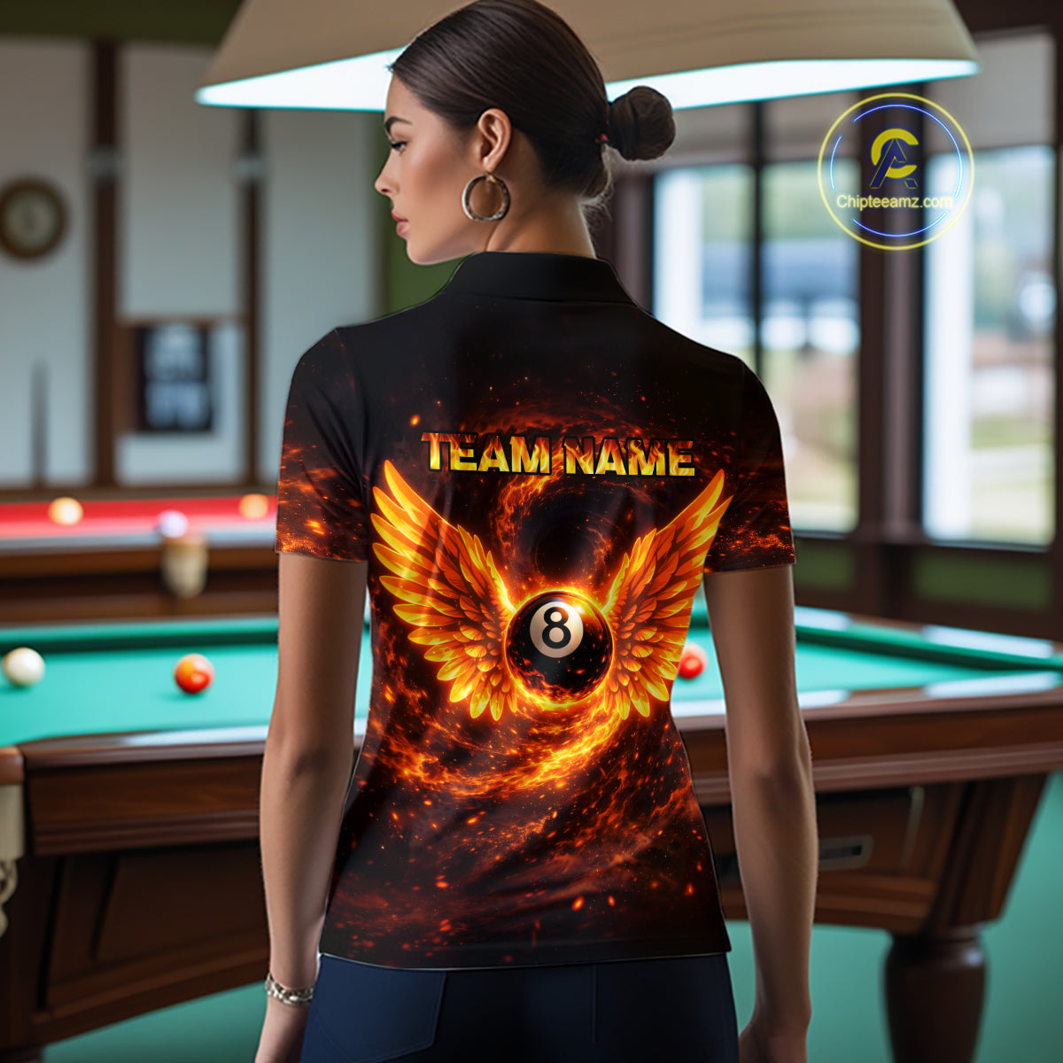 Orange Flame Billiard Shirt for Women Custom Wings 8 Ball Billiard Jersey Polo & 1/4 Zip Billiard Outfit BHT9