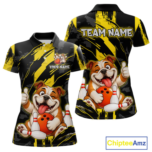 Front and back view custom black yellow bulldog bowling polo shirt featuring a playful cartoon bulldog with bowling ball, bowling pins and yellow black paint stroke pattern, personalized with team name and player name