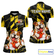 Load image into Gallery viewer, Front and back view custom black yellow bulldog bowling quarter-zip shirt featuring a playful cartoon bulldog with bowling ball, bowling pins and yellow black paint stroke design, personalized with team name and player name