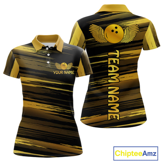 Front and back view custom black gold bowling polo shirt featuring a gold bowling ball emblem, dynamic gold brush stroke pattern and striped design, personalized with team name and player name