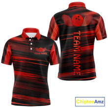 Load image into Gallery viewer, Front and back view custom black red bowling polo shirt featuring a red bowling ball emblem, dynamic red brush stroke pattern and striped design, personalized with team name and player name