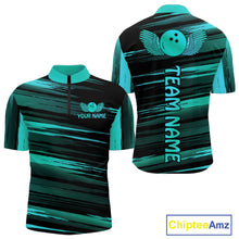 Load image into Gallery viewer, Front and back view custom black turquoise bowling quarter-zip shirt featuring a turquoise bowling ball emblem, dynamic turquoise brush stroke pattern and striped design, personalized with team name and player name