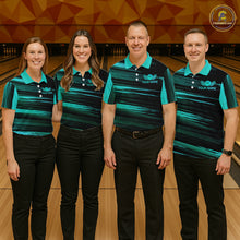 Load image into Gallery viewer, Group of four wearing custom black turquoise bowling shirts front view featuring turquoise bowling ball emblem, dynamic turquoise brush stroke pattern and striped design at the bowling alley