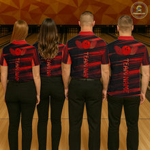 Load image into Gallery viewer, Group of four wearing custom black red bowling shirts back view displaying personalized team names below a red bowling ball emblem on a black red brush stroke background at the bowling alley
