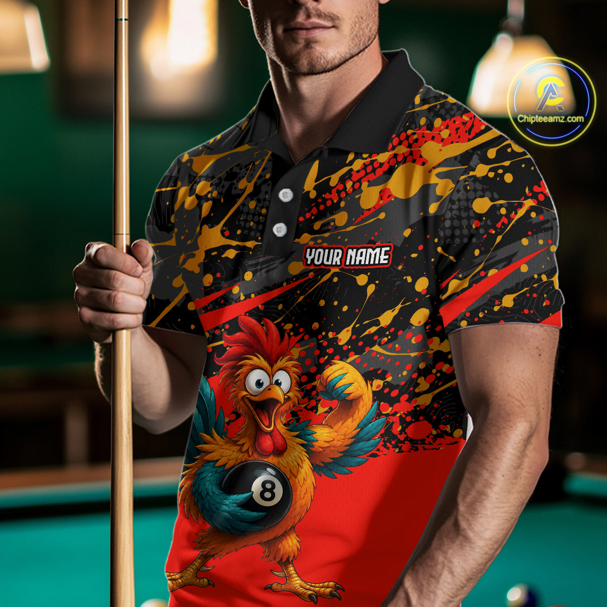Custom Red Funny Chicken Billiard Shirt, 8 Ball Pool Team Jersey for Men, Polo & 1/4 Zip BHT106