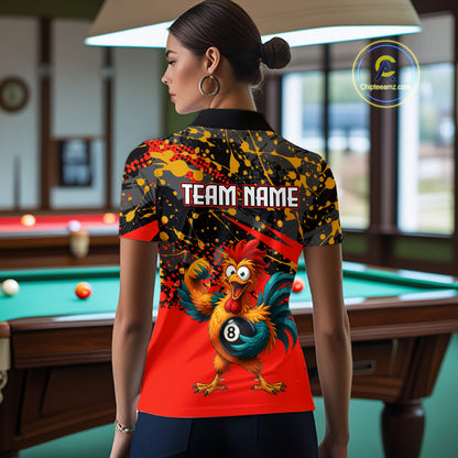 Custom Red Funny Chicken Billiard Shirt, 8 Ball Pool Team Jersey for Women, Polo & 1/4 Zip BHT106