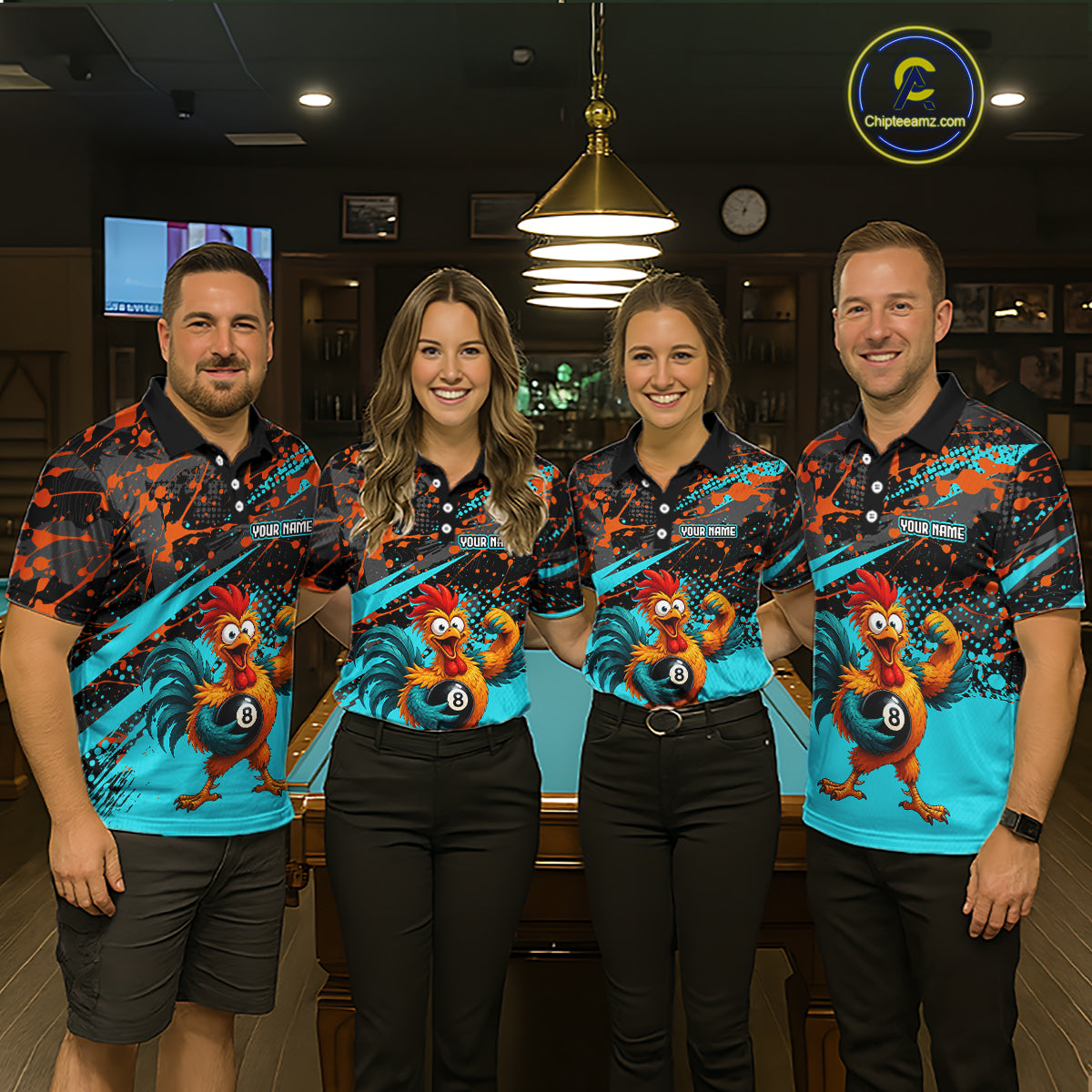 Custom Turquoise Funny Chicken Billiard Shirt, 8 Ball Pool Team Jersey for Women, Polo & 1/4 Zip BHT106