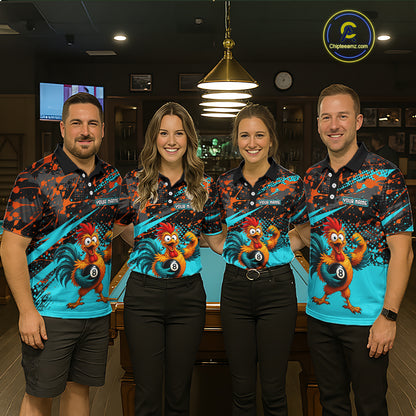 Custom Turquoise Funny Chicken Billiard Shirt, 8 Ball Pool Team Jersey for Women, Polo & 1/4 Zip BHT106