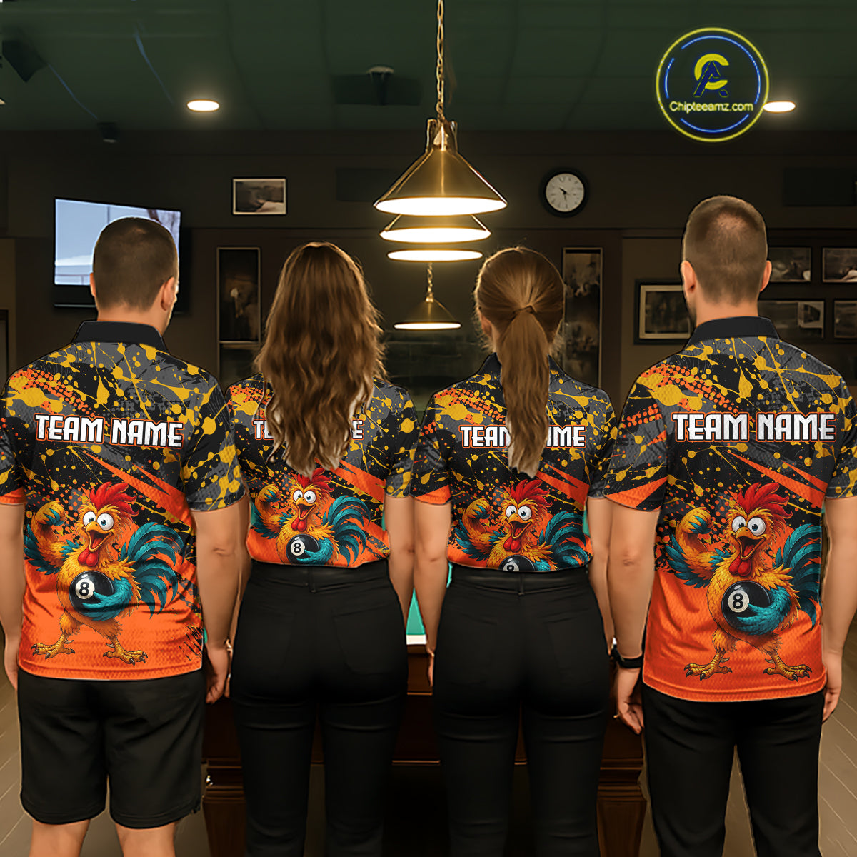 Custom Orange Funny Chicken Billiard Shirt, 8 Ball Pool Team Jersey for Women, Polo & 1/4 Zip BHT106