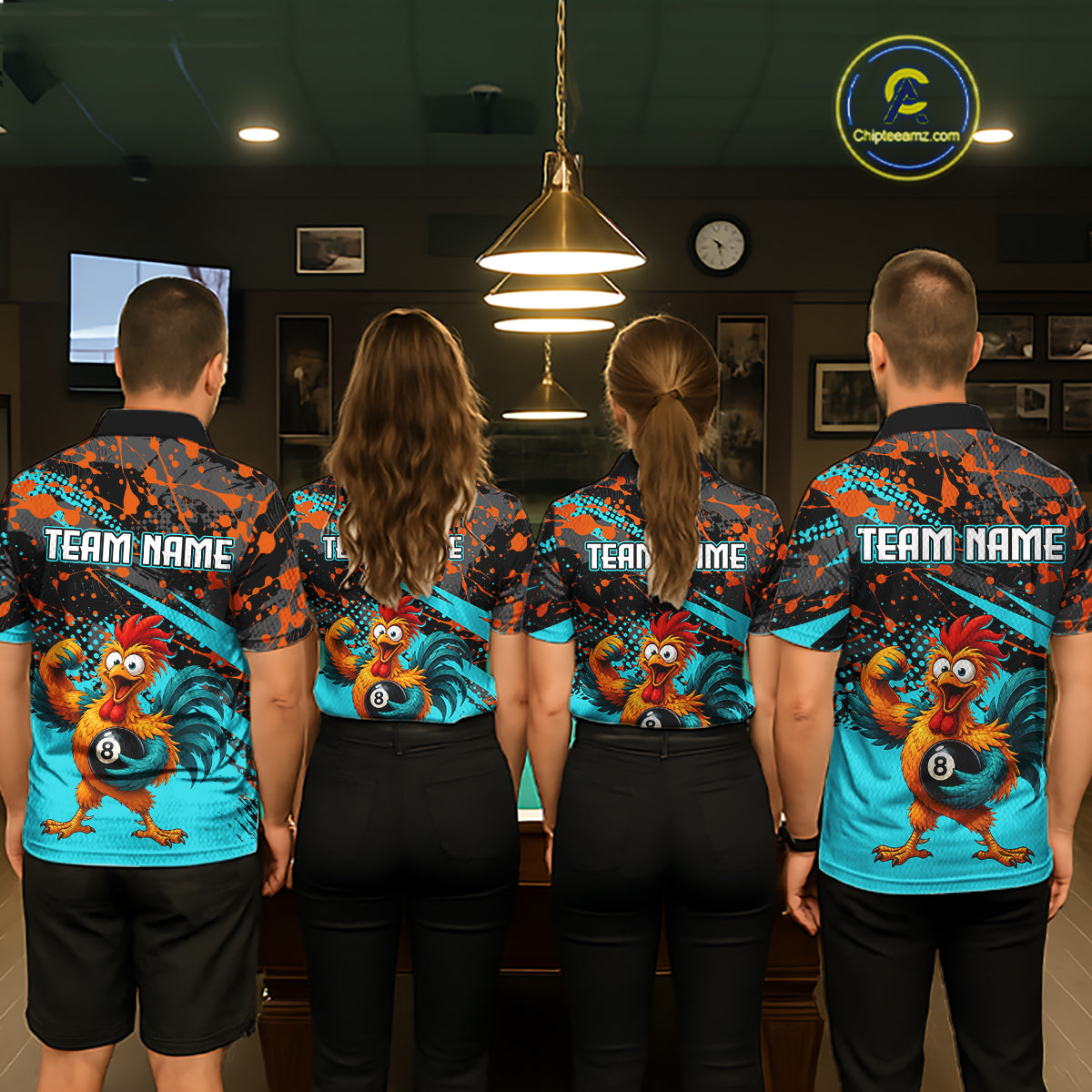 Custom Turquoise Funny Chicken Billiard Shirt, 8 Ball Pool Team Jersey for Women, Polo & 1/4 Zip BHT106