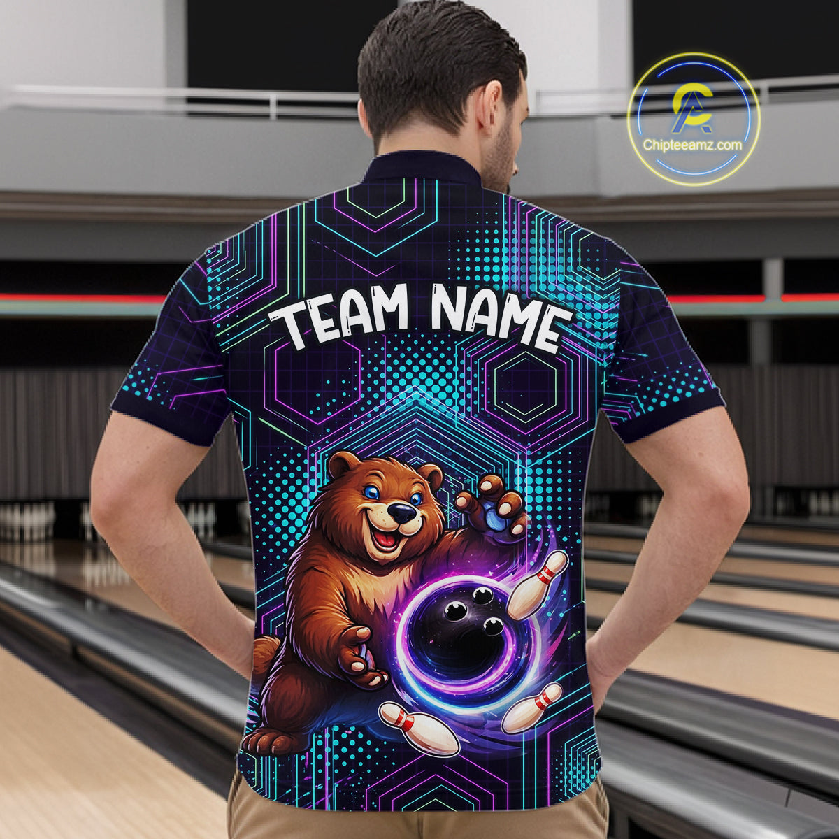 Custom Funny Bear Bowling Shirt for Men Bowling League Jersey Polo & 1/4 Zip Bowling Outfit QZT986