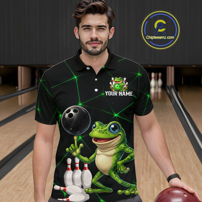 Green Funny Frog Bowling Shirt for Men Custom Bowling Jersey Polo & 1/4 Zip QZT1024
