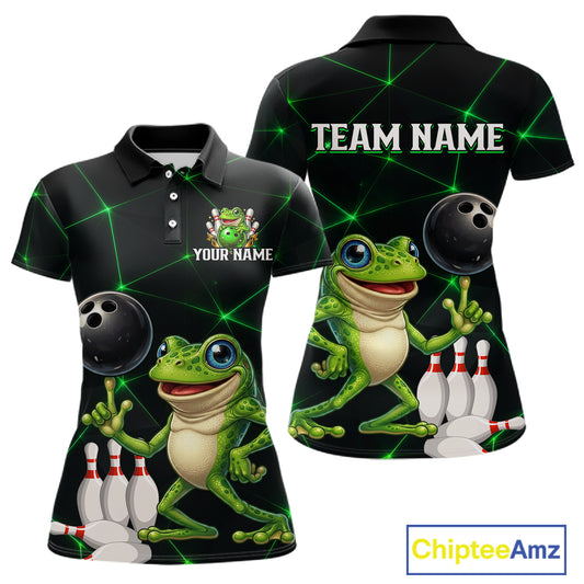 Green Funny Frog Bowling Shirt for Women Custom Bowling Jersey Polo & 1/4 Zip QZT1024