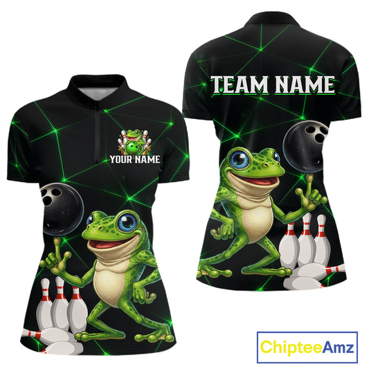 Green Funny Frog Bowling Shirt for Women Custom Bowling Jersey Polo & 1/4 Zip QZT1024