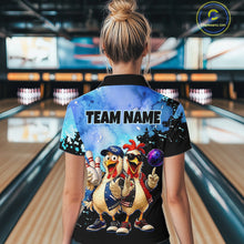 Load image into Gallery viewer, Person wearing a colorful bowling shirt with cartoon chickens and 'TEAM NAME' text in a bowling alley.