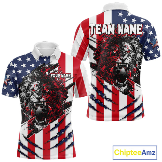 Polo shirt with American flag design and lion graphic, customizable text, Chiptee Amz brand visible.