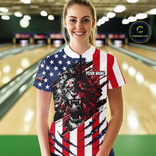 Load image into Gallery viewer, Woman wearing a patriotic-themed bowling shirt with a lion design in a bowling alley.