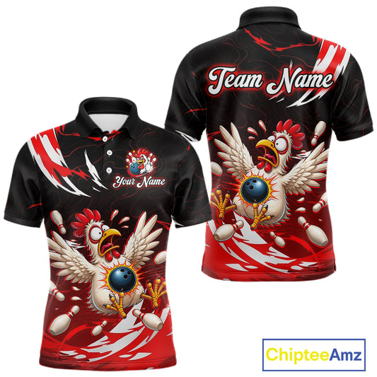 Custom Red Funny Chicken Bowling Shirt for Men Bowling Team Jersey Polo & Quarter-Zip Outfit QZT1088
