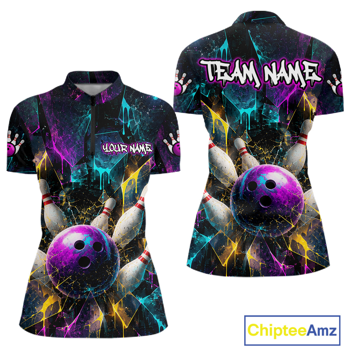 Front and back views of a short-sleeve bowling-themed quarter-zip shirt with a vibrant purple, blue, and yellow graffiti-style print featuring bowling balls and pins, on a white background with a ChipteeAmz logo in the bottom right corner.