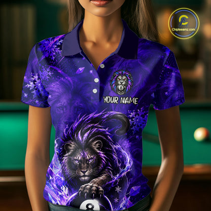 Custom Fierce Lion Billiard Shirt for Women Purple 8 Ball Pool Team Jersey Polo & 1/4 Zip BHT107