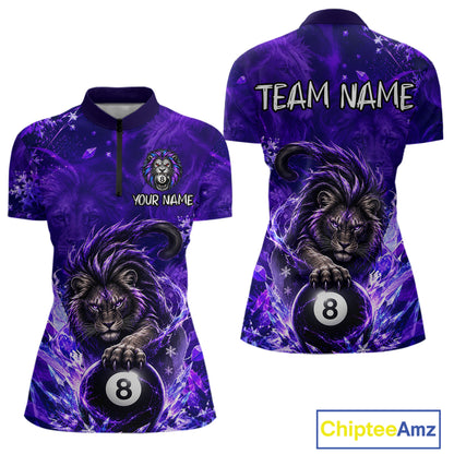 Custom Fierce Lion Billiard Shirt for Women Purple 8 Ball Pool Team Jersey Polo & 1/4 Zip BHT107
