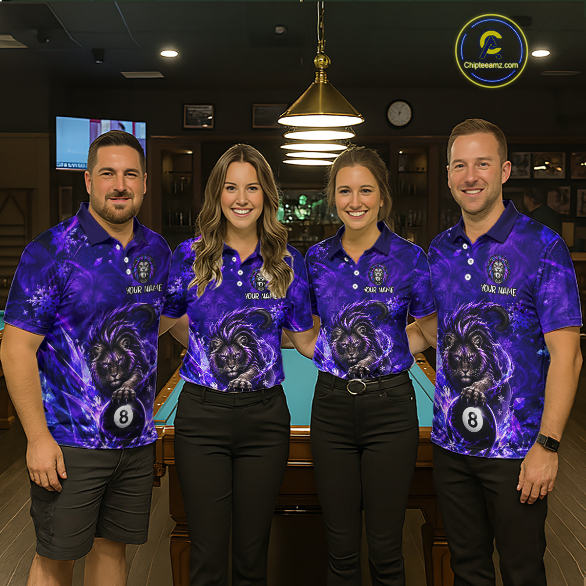 Custom Fierce Lion Billiard Shirt for Women Purple 8 Ball Pool Team Jersey Polo & 1/4 Zip BHT107