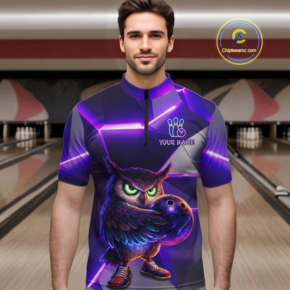 Personalized Purple Neon Owl Bowling Shirt for Men Bowling Jersey Gift for Bowler Polo & 1/4-Zip QZT904