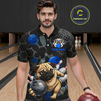 Man wearing a bowling-themed shirt with a pug design on a bowling alley.